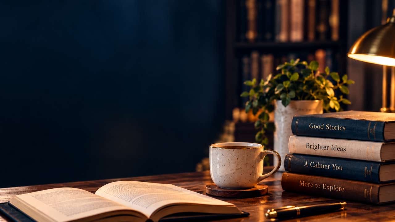 A warmly lit reading desk with an open book, a cup of tea, a brass lamp and a stack of hardbacks